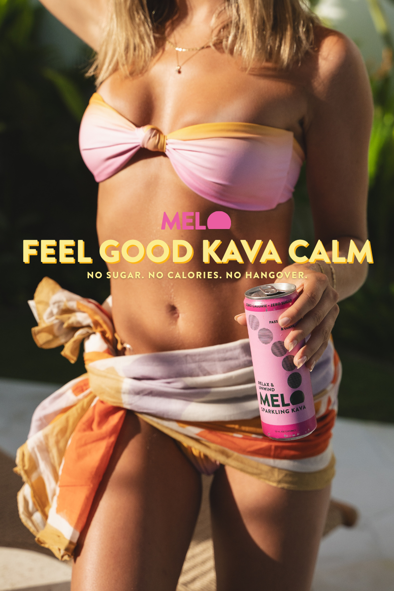 Person in a bikini holding a can of 'MEL Feel Good Kava Calm' drink with a blurred background.