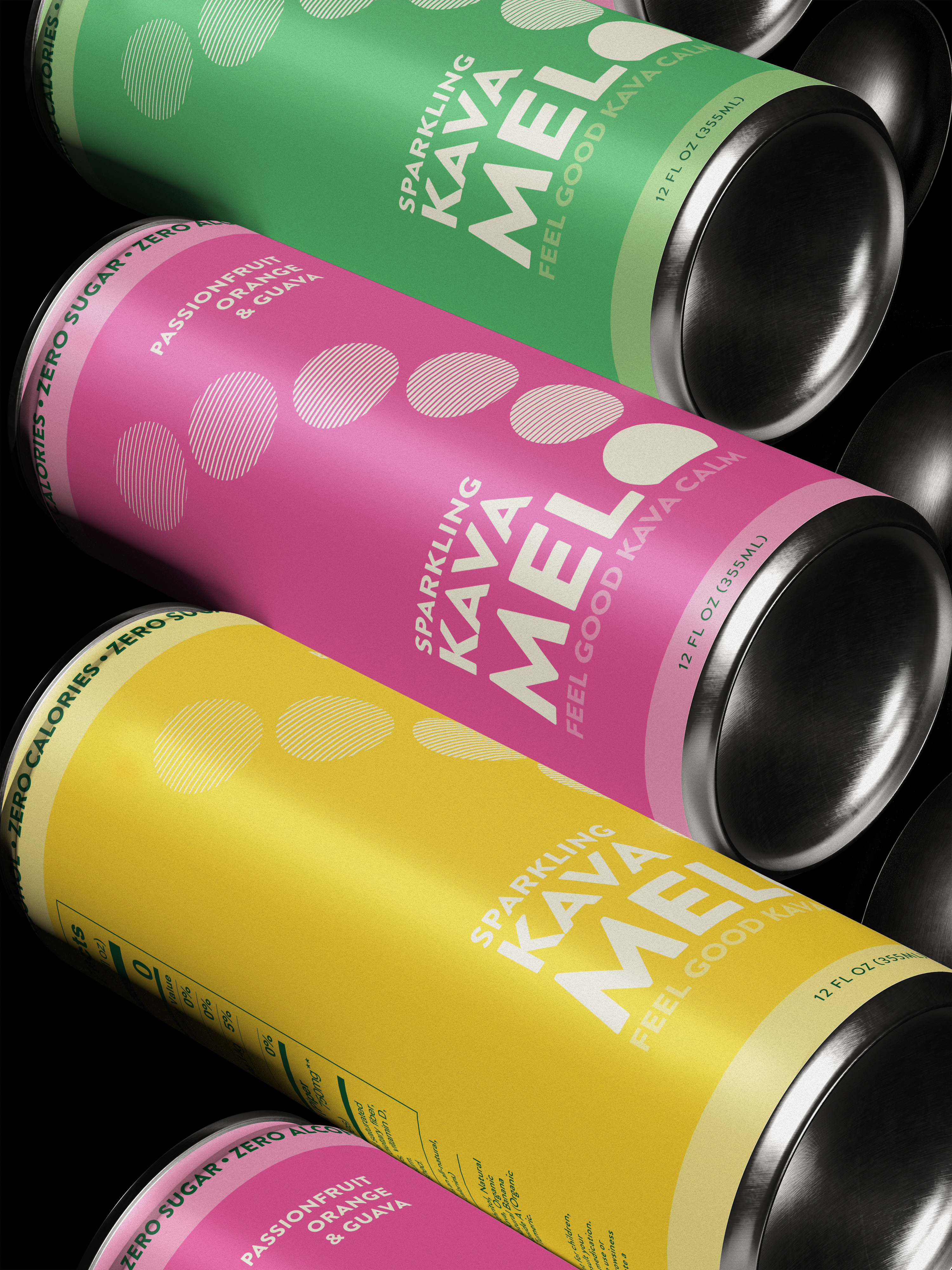 Three cans of Sparkling Kava Melo in green, pink, and yellow on a black background.