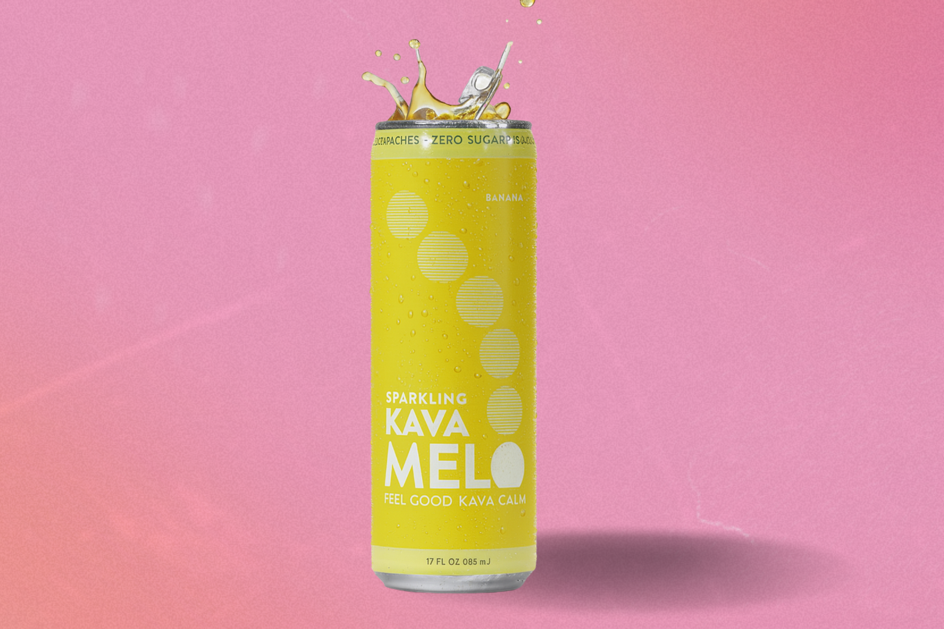 Yellow can of Sparkling Kava Melo on a pink background
