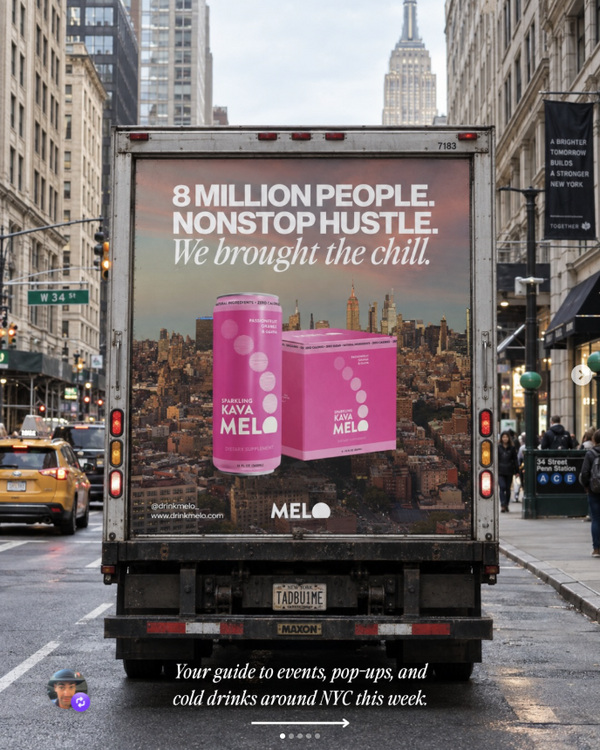 A Melo ad on the back of a truck in a New York street, reading 8 million people