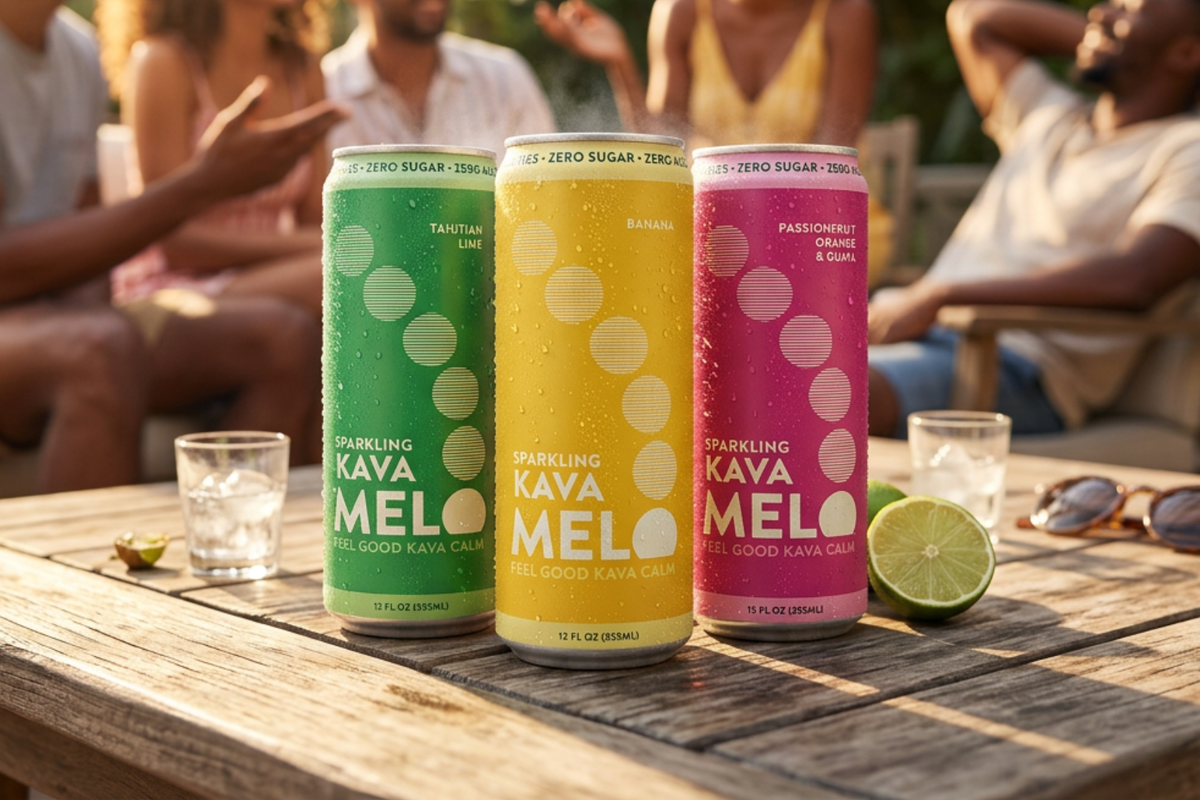 Three cans of Kava Melo on a wooden table with people in the background