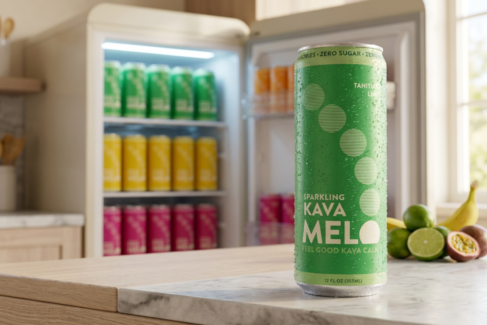 Green can of Kava Melo on a kitchen counter with a refrigerator in the background.