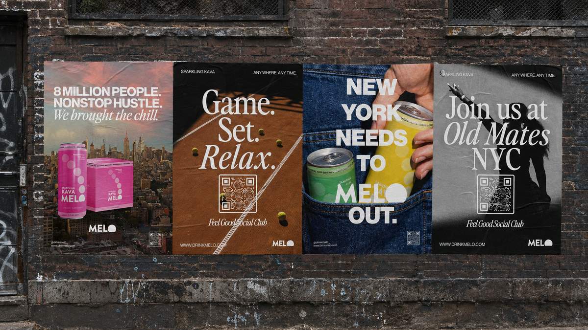 Four vertical MEL) brand posters displayed side-by-side on a dark brick wall. The posters feature different designs: a pink and white one about productivity, a brown and gold one about gaming and relaxation, a blue and yellow one about New York and melon drinks, and a black and white one inviting people to Old Mates NYC.