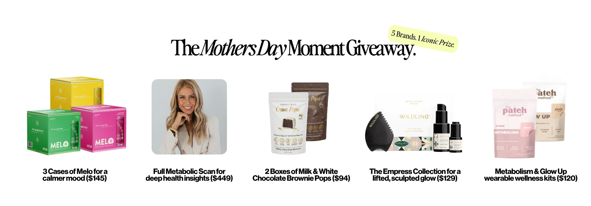 Promotional graphic for a Mothers Day Moment Giveaway with product images and text.