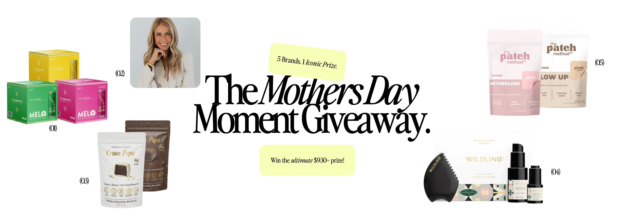Promotional graphic for a Mothers Day Moment Giveaway featuring various products and a woman's face.