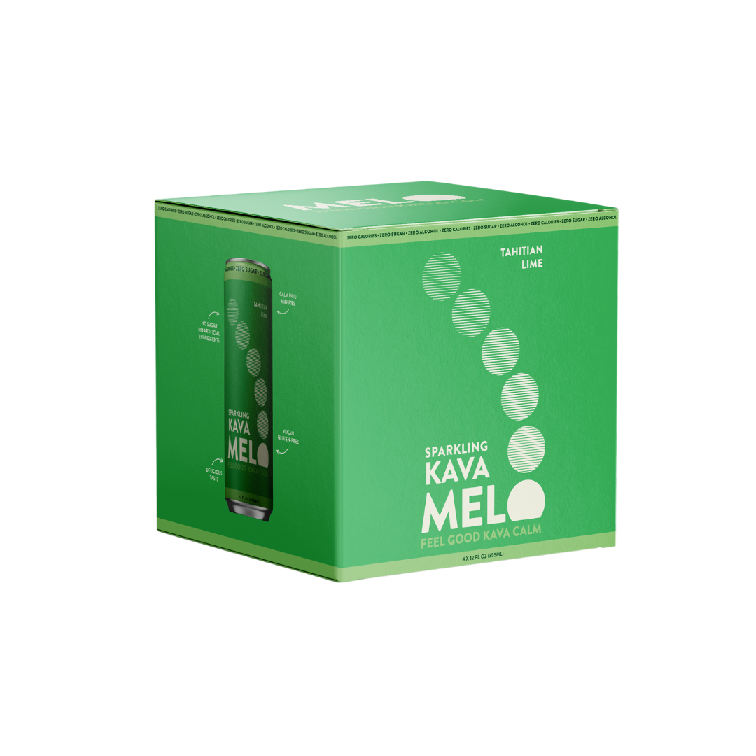 4 pack green box of Kava Melo with a can on a white background