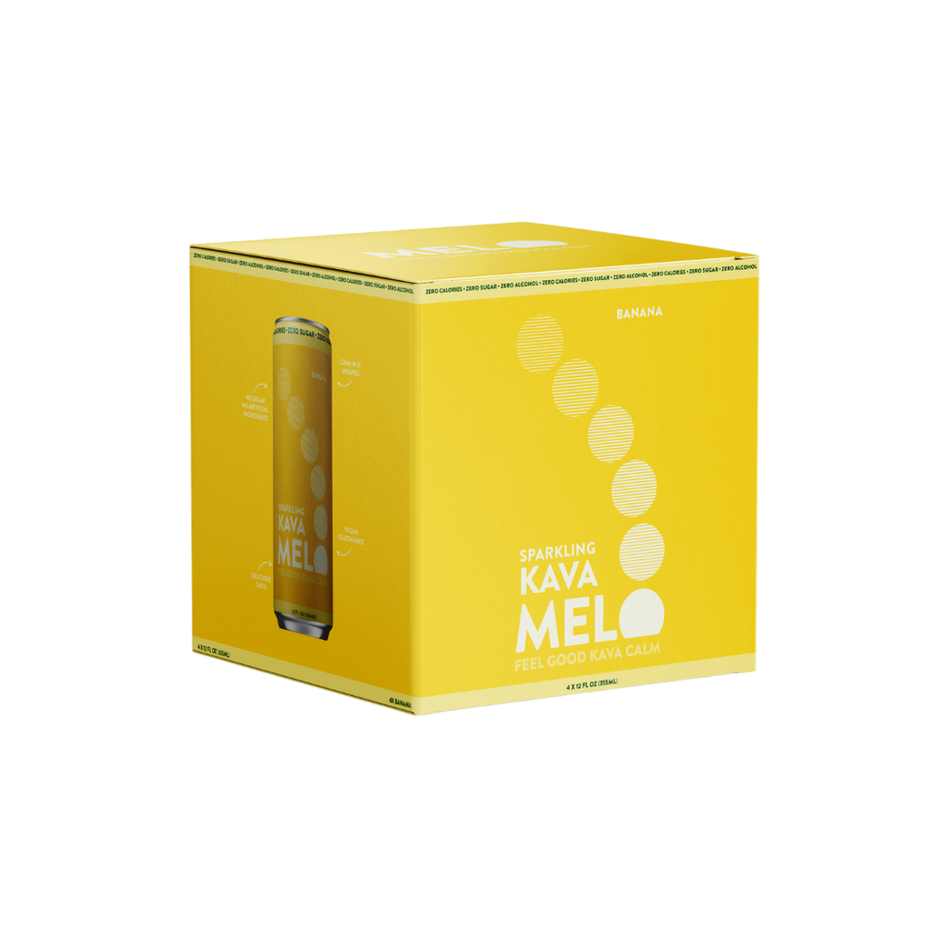 4 pack yellow box of Sparkling Kava Melo on a white background