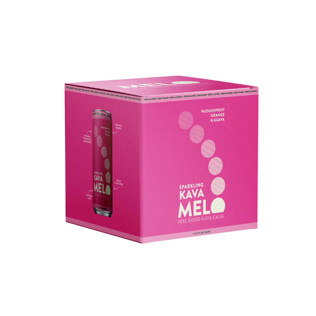 4 pack pink box of Kava Melo with a can inside on a white background