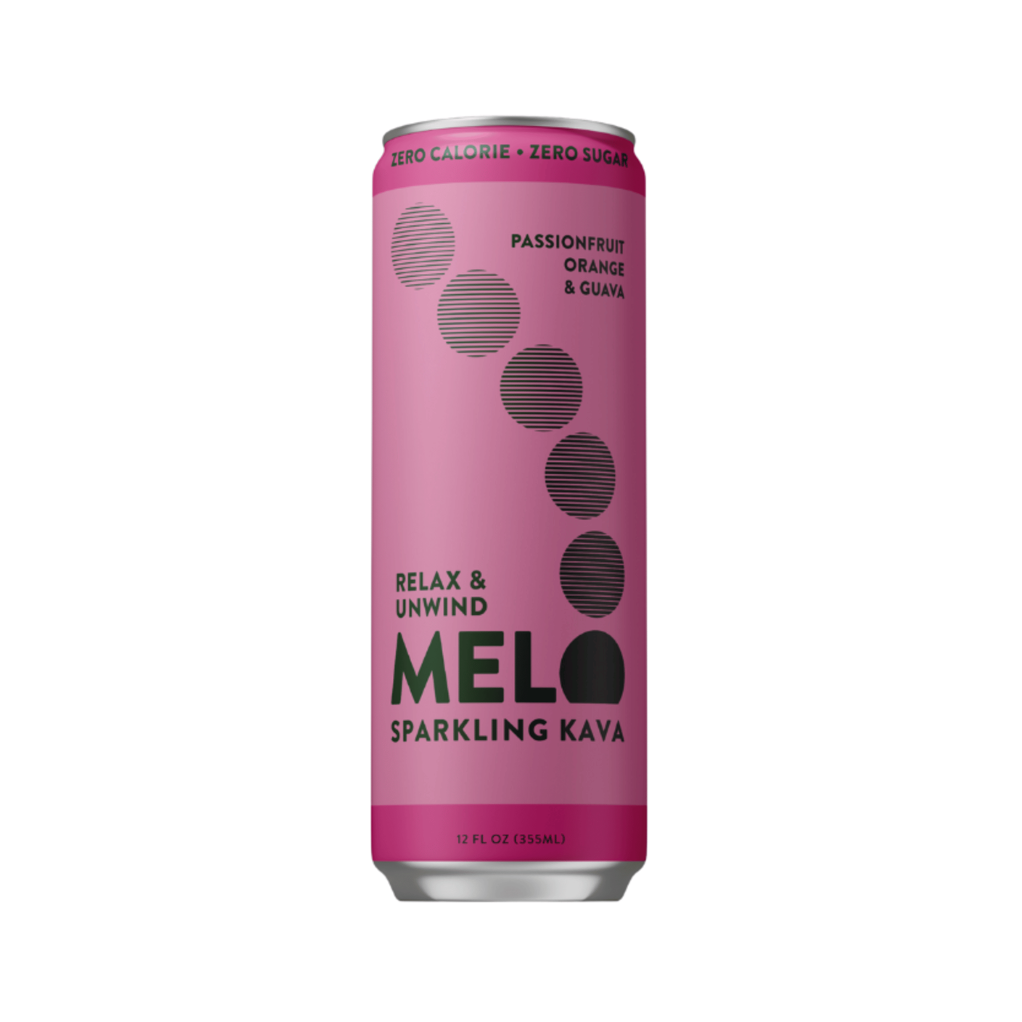 Pink can of Melo Sparkling Kava on a white background