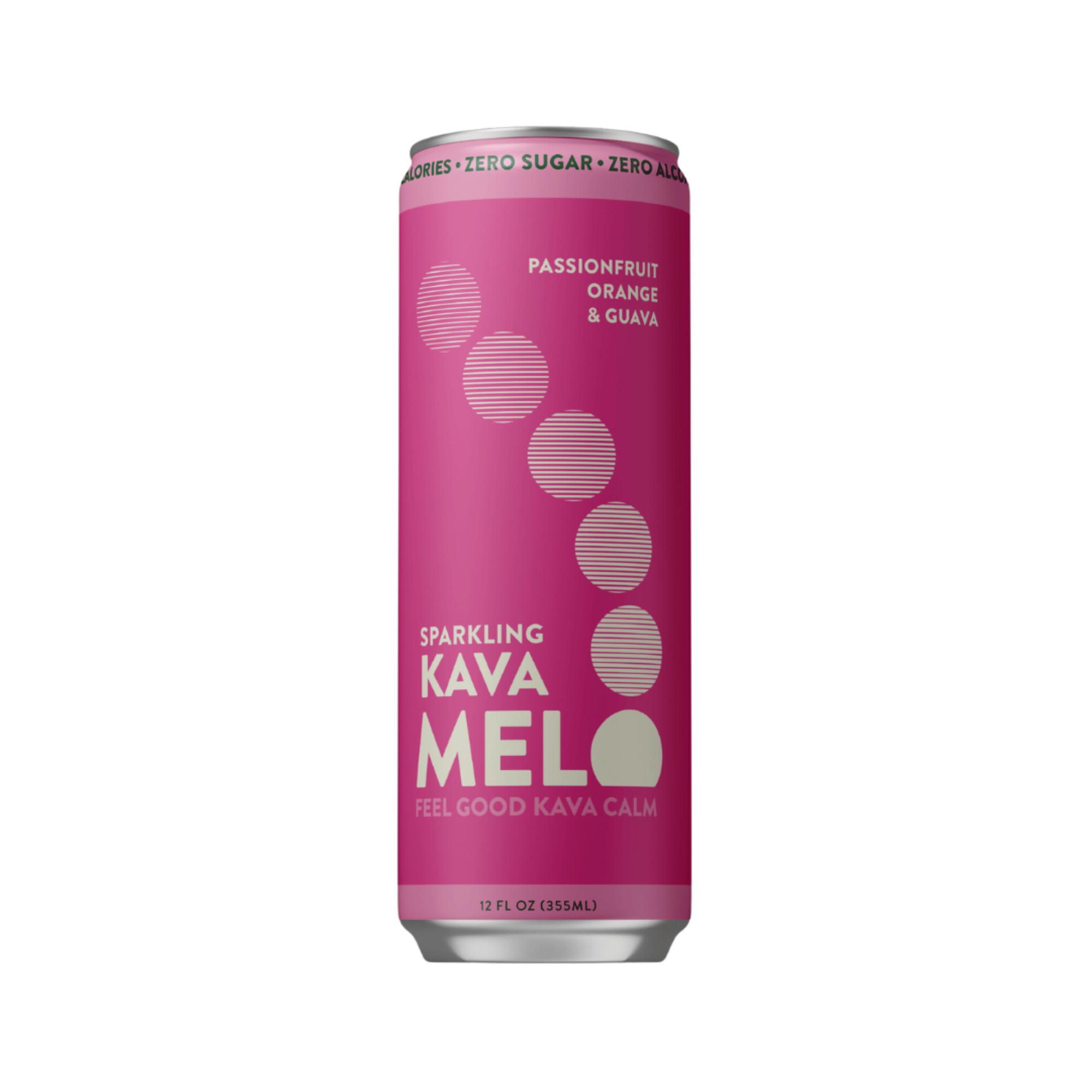 Pink can of Sparkling Kava Melo on a white background