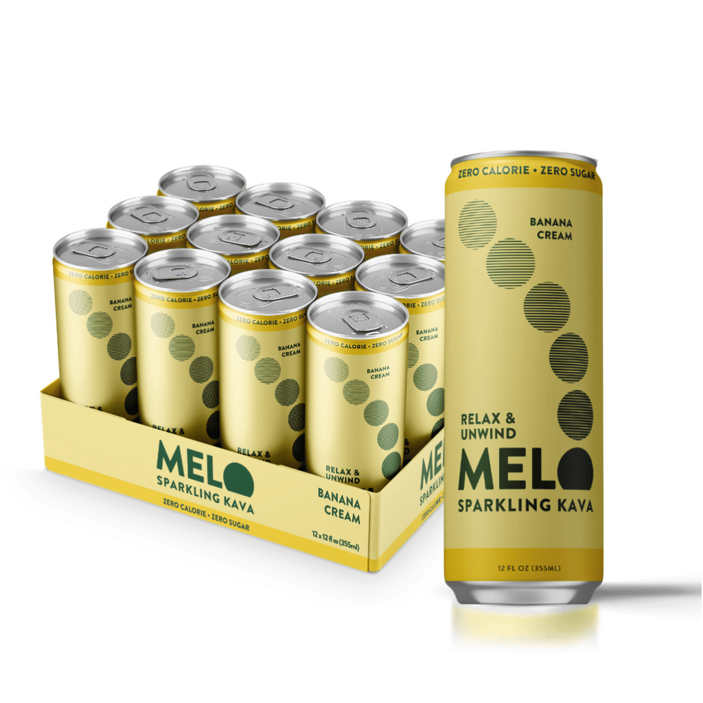 Packaging of Melo Sparkling Kava banana cream cans on a white background