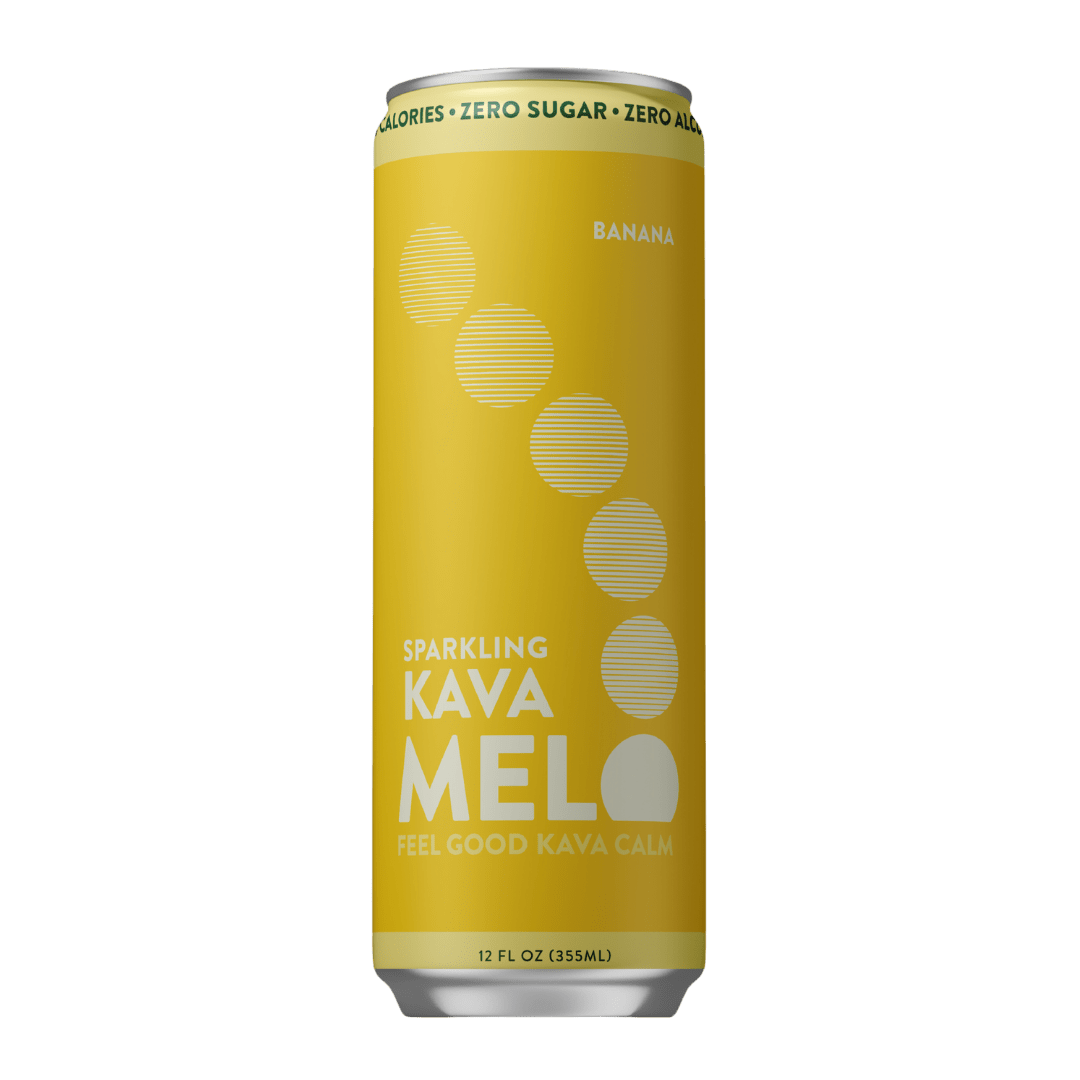 Yellow can of Sparkling Kava Melo on a green background