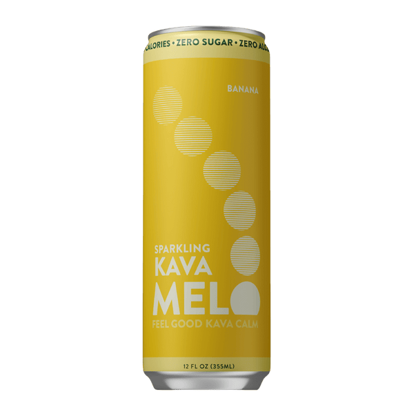 Yellow can of Sparkling Kava Melo on a green background
