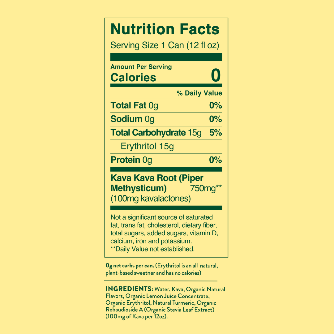 Nutrition facts label for a product with kava kava root and erythritol on a yellow background.