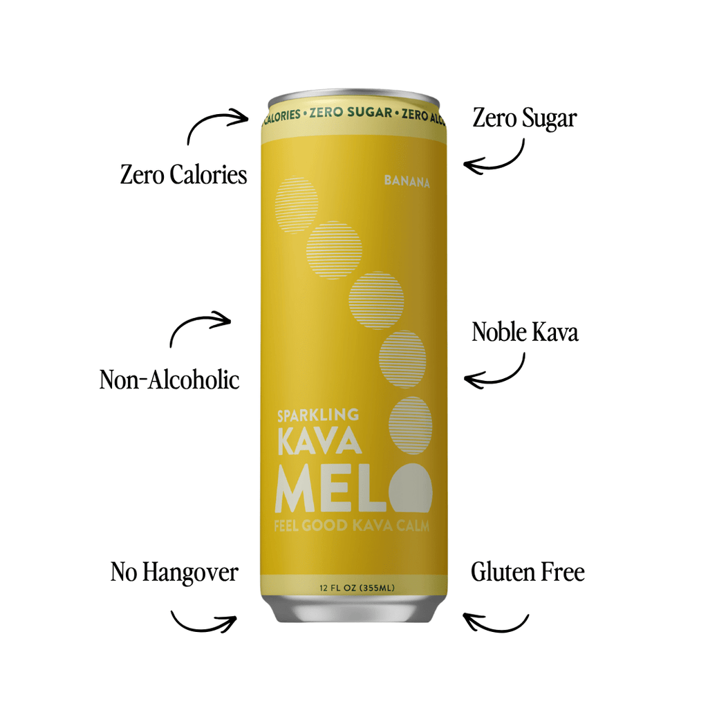 Yellow can of Sparkling Kava Melo with text highlighting features on a white background