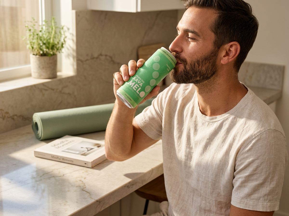 Man drinking from a green melo can in a kitchen.