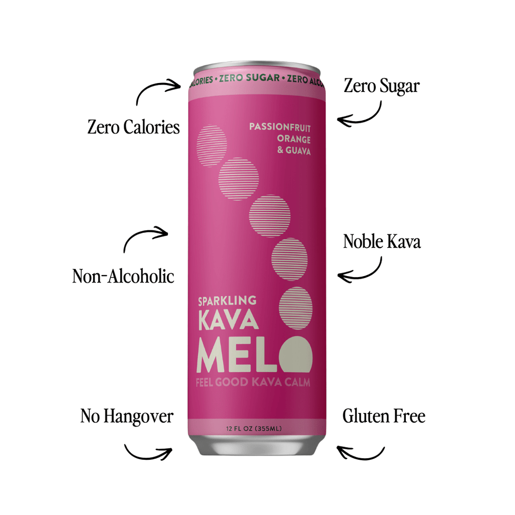 Pink can of Sparkling Kava Melo with text highlighting features on a white background