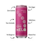 Pink can of Sparkling Kava Melo with text highlighting features on a white background