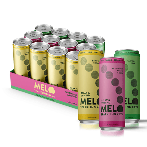 Assorted cans of Melo Sparkling Kava in a display box on a white background