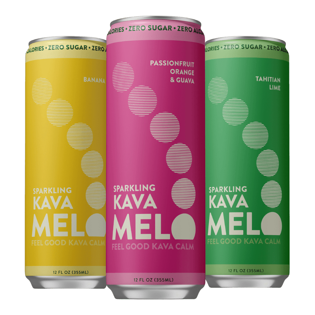 Three cans of Sparkling Kava Melo in yellow, pink, and green on a transparent background