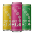 Three cans of Sparkling Kava Melo in yellow, pink, and green on a transparent background