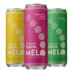 Three cans of Sparkling Kava Melo in yellow, pink, and green on a transparent background
