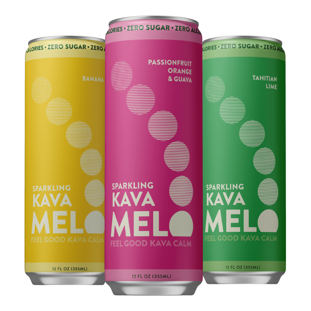 Three cans of Sparkling Kava Melo in yellow, pink, and green on a transparent background