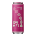 Pink can of Sparkling Kava Melo on a green background