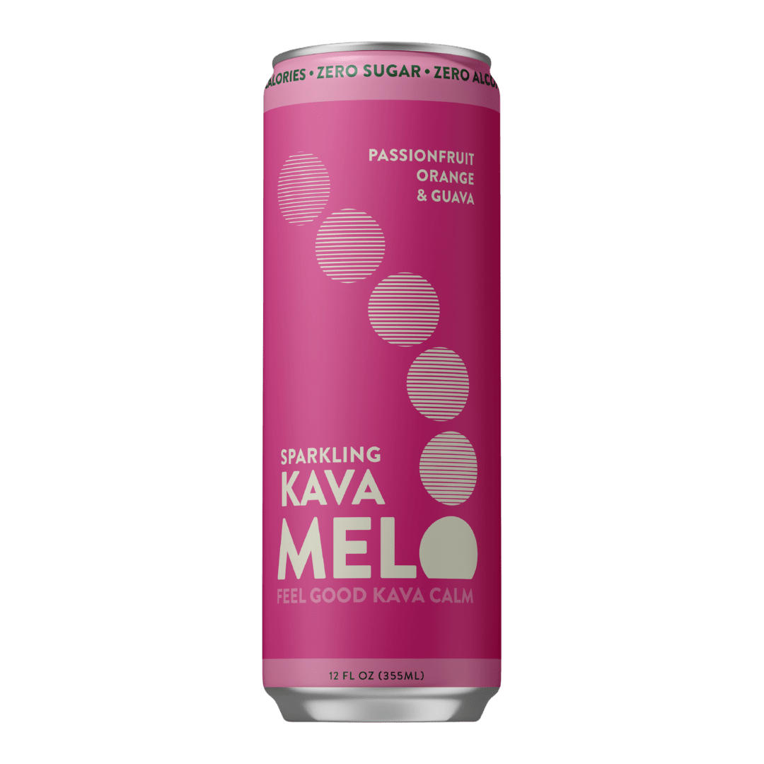 Pink can of Sparkling Kava Melo on a green background