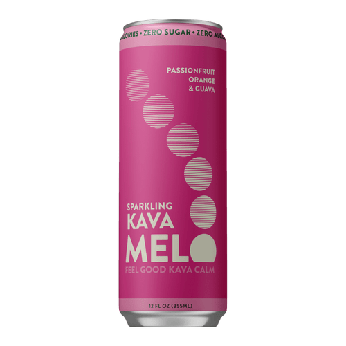Pink can of Sparkling Kava Melo on a green background