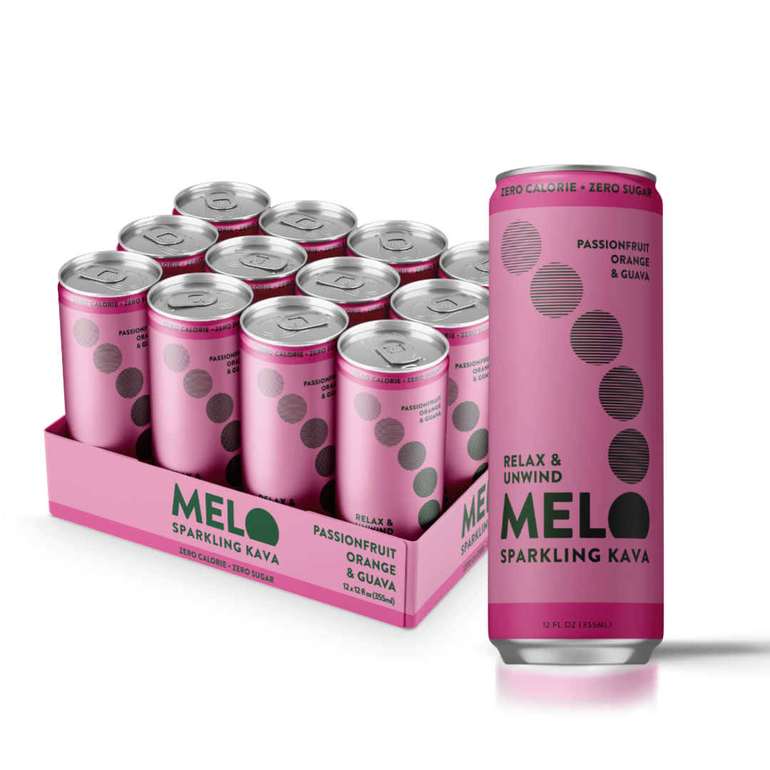 Pink cans of Melo Sparkling Kaya with a box of 12 cans on a white background