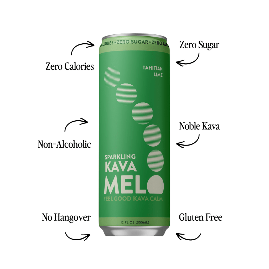 Green can of Sparkling Kava Melo with text highlighting features on a white background