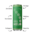 Green can of Sparkling Kava Melo with text highlighting features on a white background