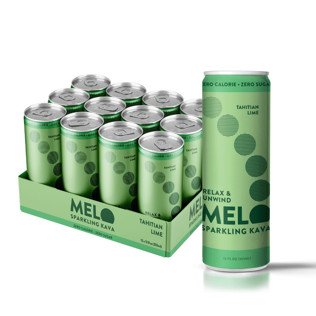 Green cans of Melo Sparkling Kava with packaging on a white background