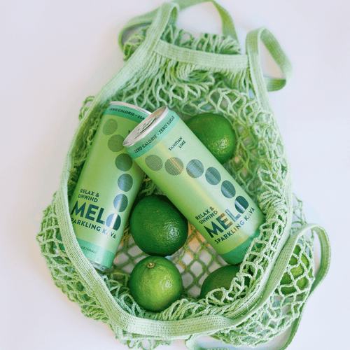 Green mesh bag with two cans of Melo sparkling water and limes on a white background