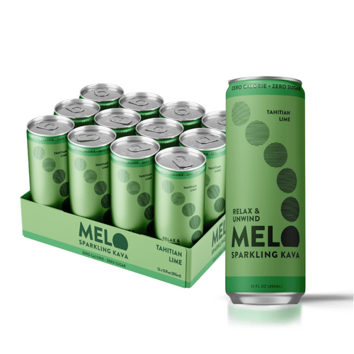 Packaging of Melo Sparkling Kava cans with a green design on a white background