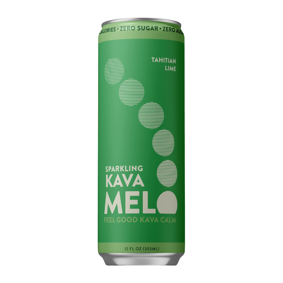 Green can of Sparkling Kava Melo on a green background