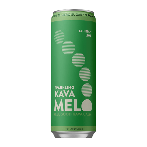 Green can of Sparkling Kava Melo on a green background