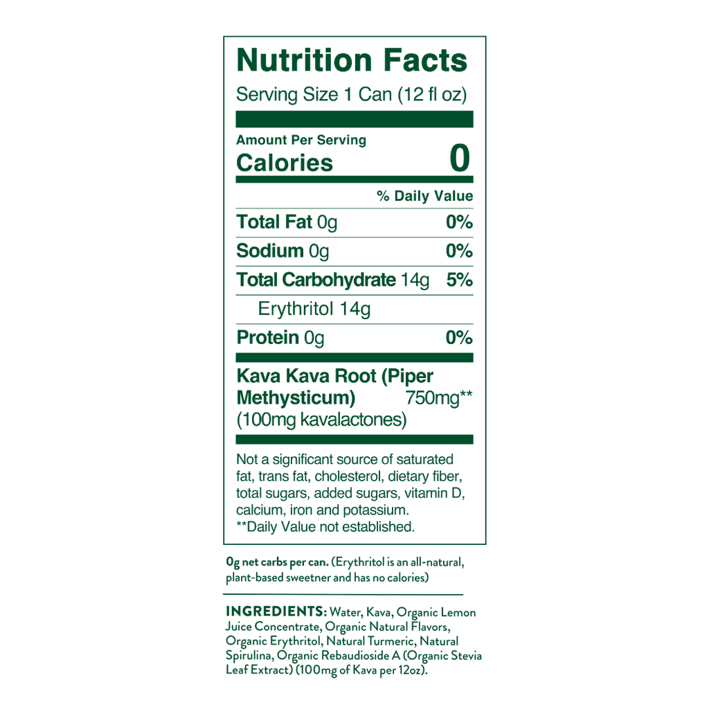 Nutrition facts label for a product with Kava Kava Root on a green background