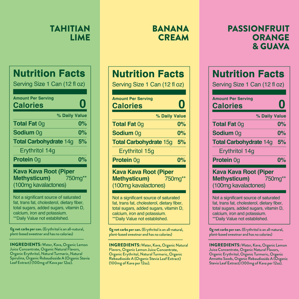 Three nutrition fact panels for Tahitian Lime, Banana Cream, and Passionfruit Orange & Guava drinks.