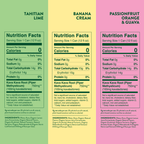 Three nutrition fact panels for Tahitian Lime, Banana Cream, and Passionfruit Orange & Guava drinks.